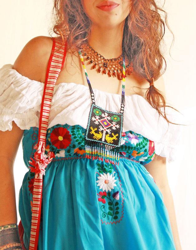 Vintage Butterfly Azul Mexican embroidered strapless dress.