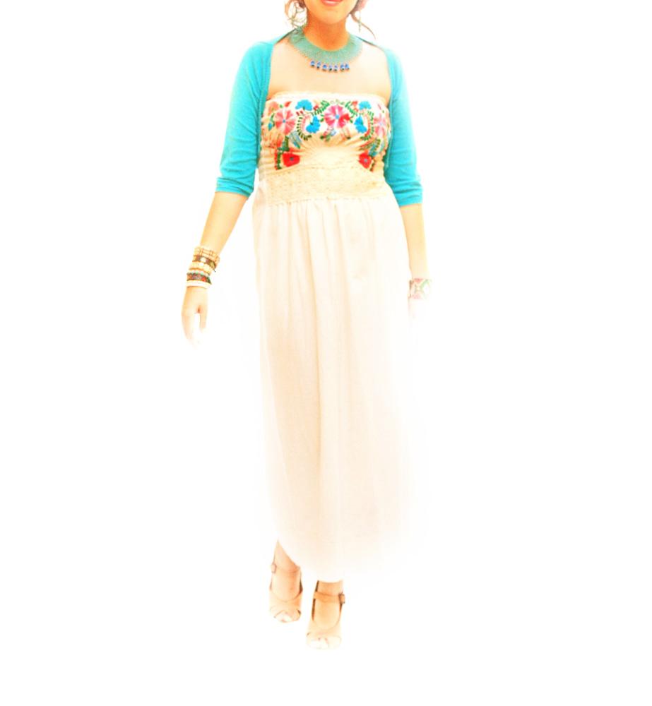 Secret Garden of love long strapless Mexican embroidered dress.