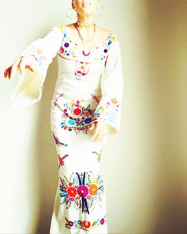 Mermaid Mexican maxi dress embroidered boho bell sleeves