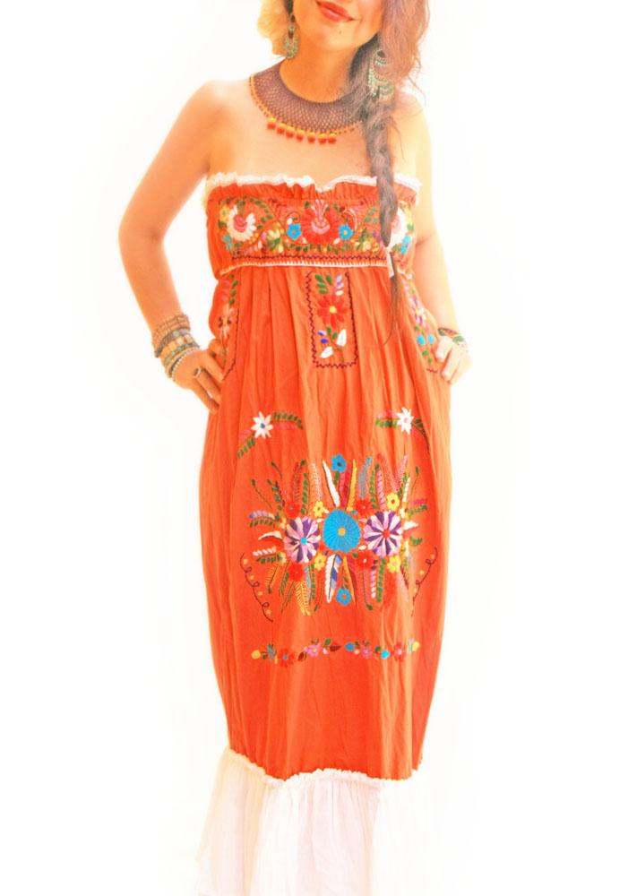 Fuego ruffled embroidered orange bohemian chic Mexican Maxi dress
