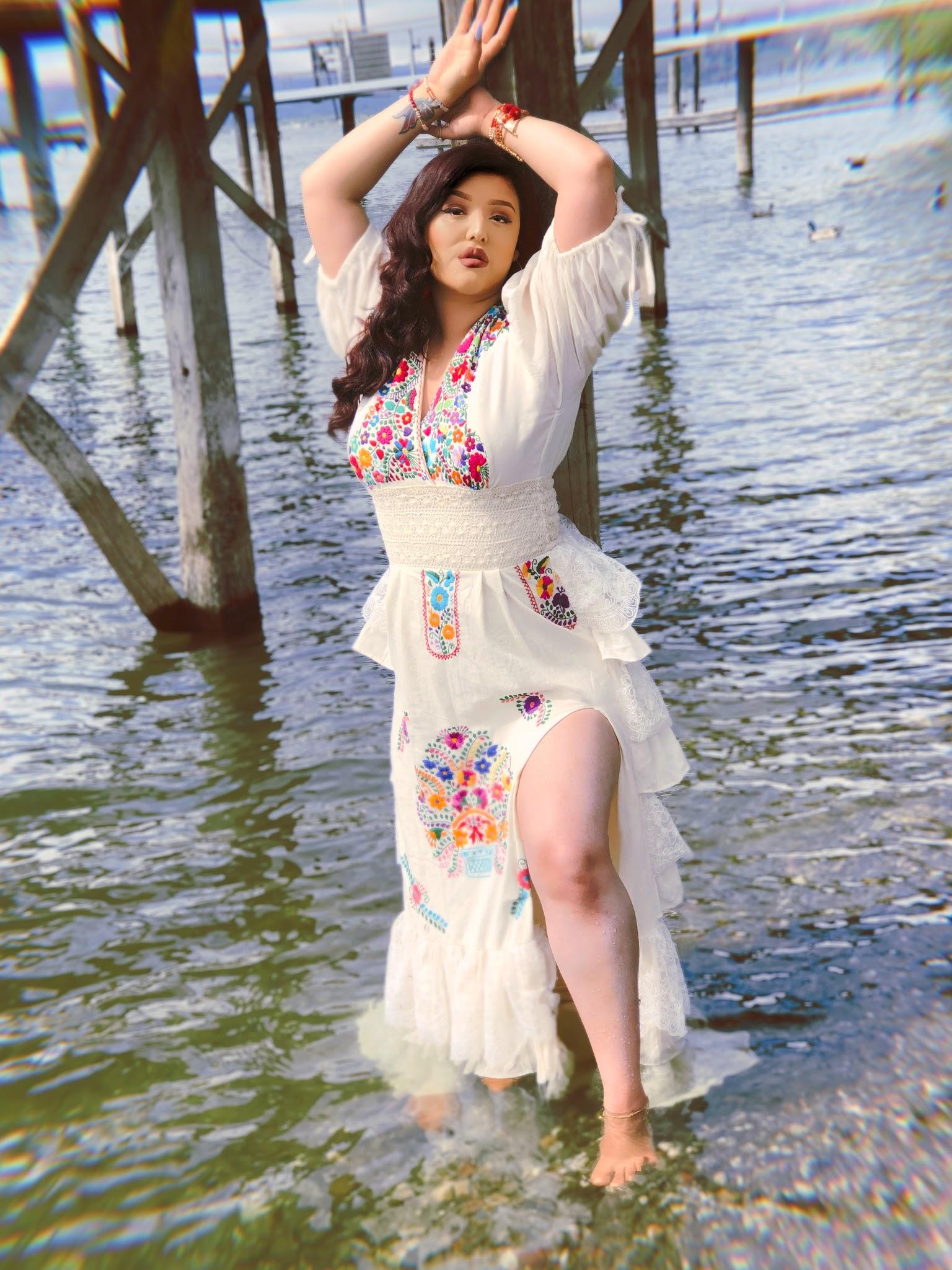 Mexican dress plunge neckline maxi 