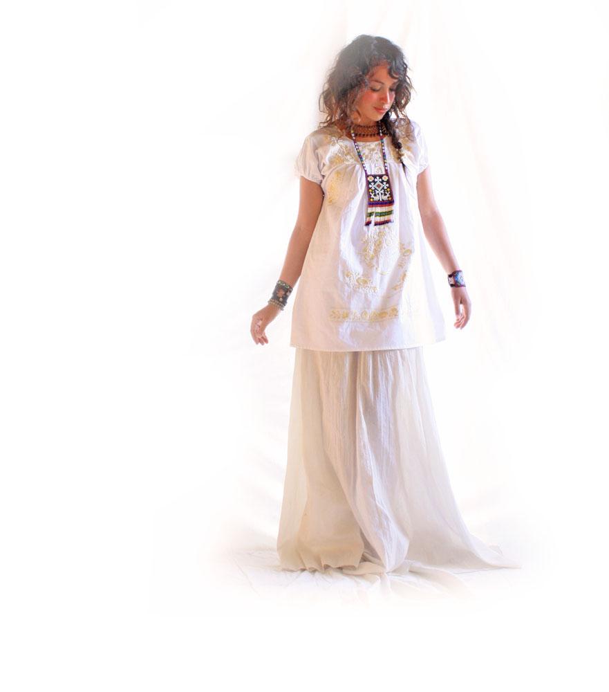 Yellow gold silk embroidered Mexican mini dress