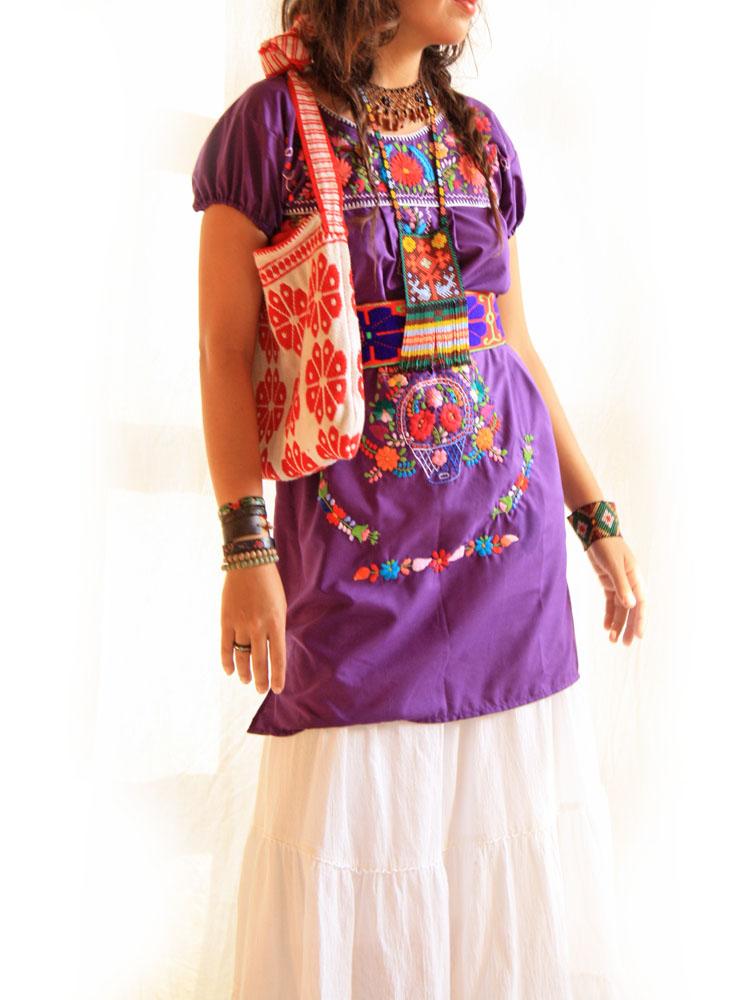 Purple Joy Mexican embroidered Dress