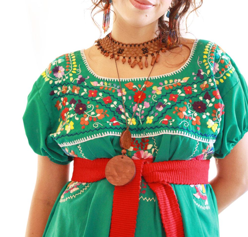 green mexican embroidered dress Embroidered Mexican Dress
