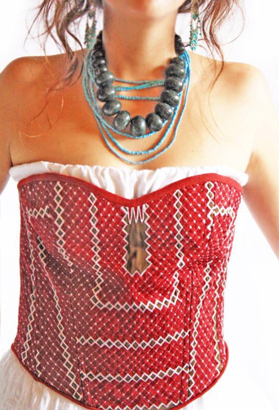 Tehuana Mexicana corset  fine vtg embroidery 