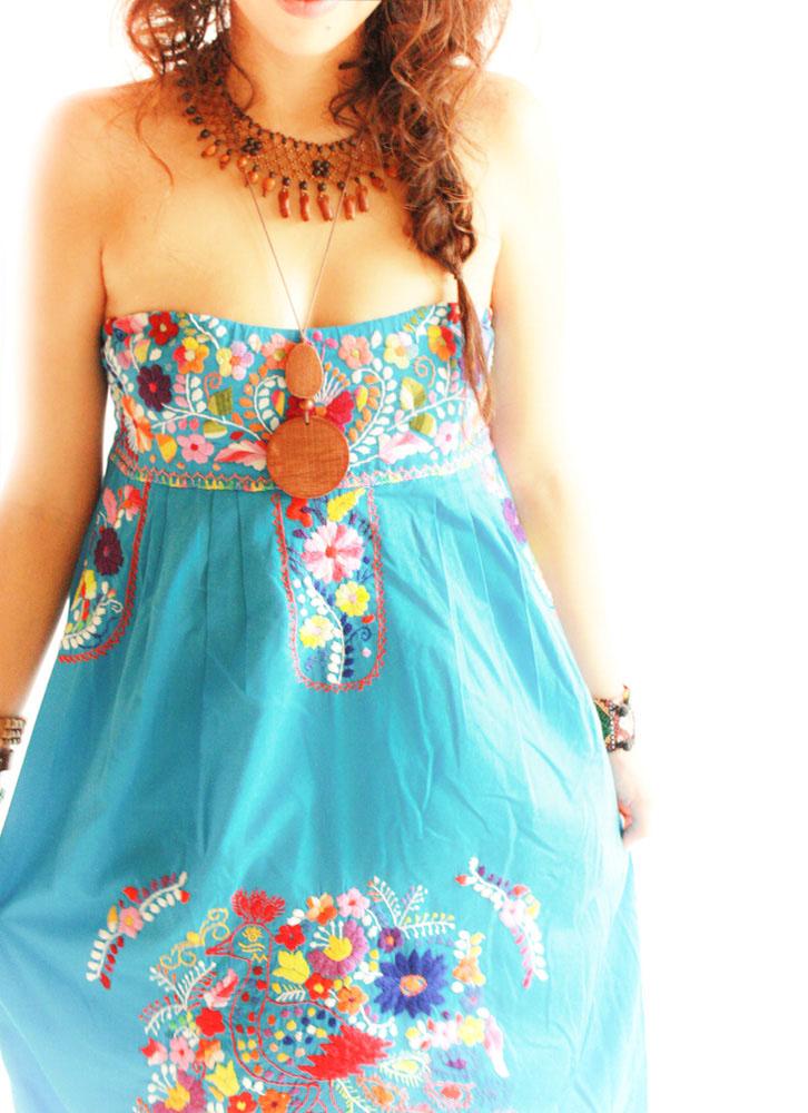 Mexican dress El Mar strapless hand embroidered 