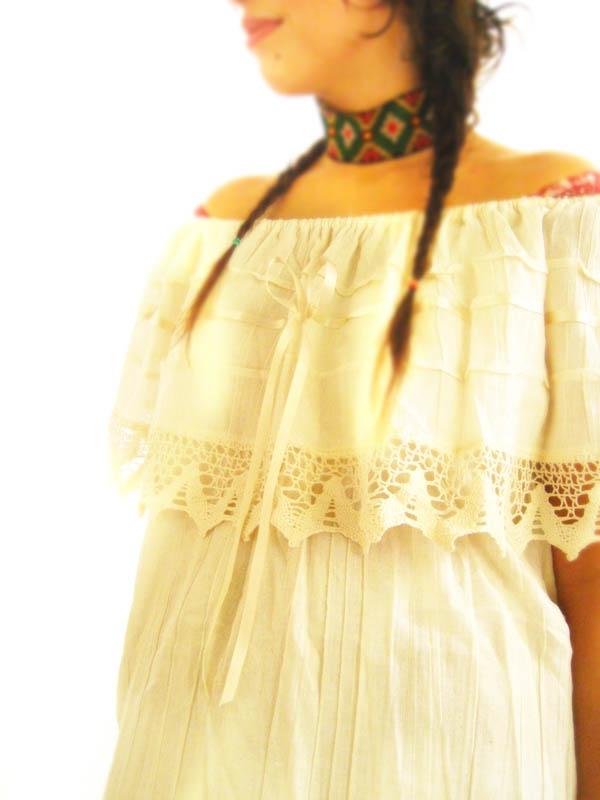 Mexican Diva Lace Off Shoulder blouson mini dress