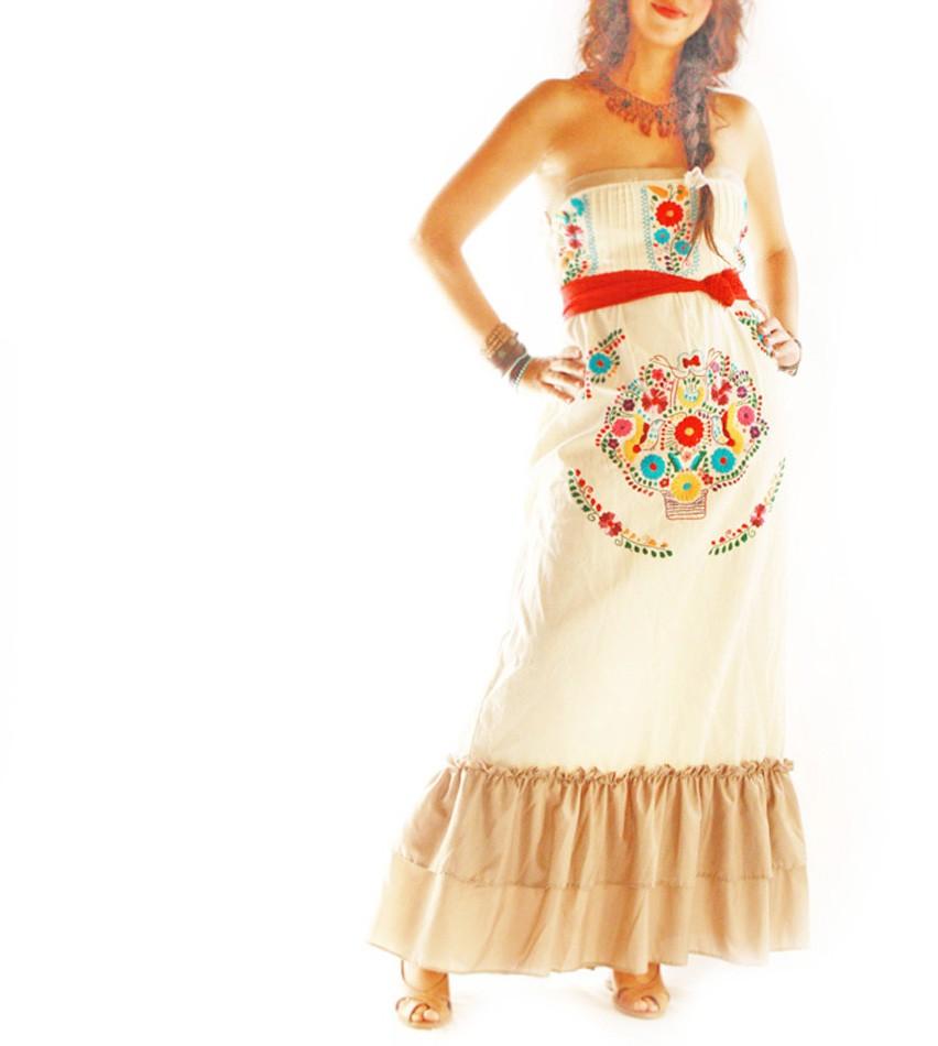 Maria Folk embroidered Maxi ruffled party dress birds and flowers